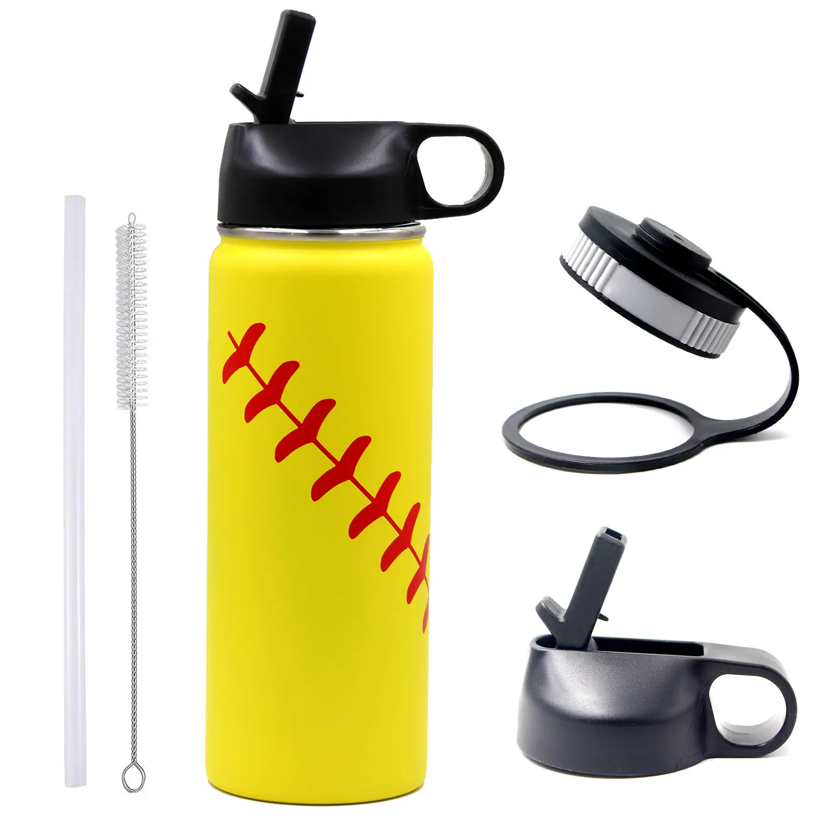 FMYWZS 18 oz Softball Water Bottle, Stainless Steel Vacuum Insulated Water Bottle with Straw and 2 Lids, Double Wall Leakproof Sports Flask, Softball Gifts for Girls, Kids, Coach, Players