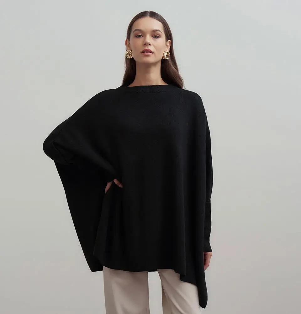 Modest Muslim Women's Asymmetric Cut Knit Sweater - 55048 Black