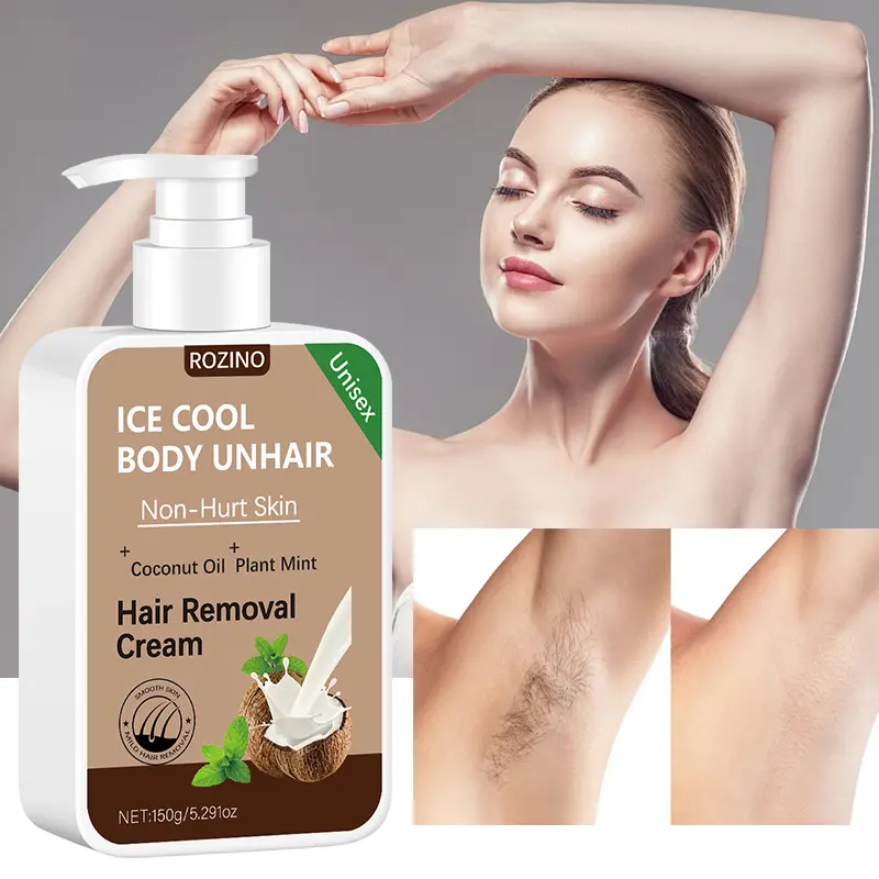 ROZINO Plant-Infused Coconut Oil & Mint Hair Removal Cream - Gentle, Non-Irritating Unisex Cosmetic for Body Care (Arms, Legs, Bikini) - Ice Cool Sensation, Smooth Skin - 150g/5.291oz,back to school, Moisturize