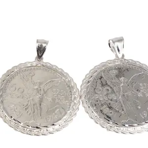 MST 925 Sterling Silver Mexican 50 Peso Centenario Coin Bezel Rope Edge Prong Back Pendant Necklace, Unisex