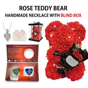 Romantic Valentines Day Gift for Her, Artificial Flowers Necklace Rose Teddy Bear with Real Pearl Blind Box Birthday Gift, Valentiness Day Gift for Monther Wify Girl