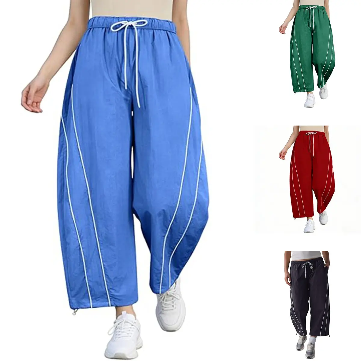 Tanming Women's Wide-Leg Nylon Track Pants - Baggy Barrel Style with Drawstring Waist, Cinchable Hem for Gym, Casual Wear, Bottom, Lady, Clothes, Athletic Chic