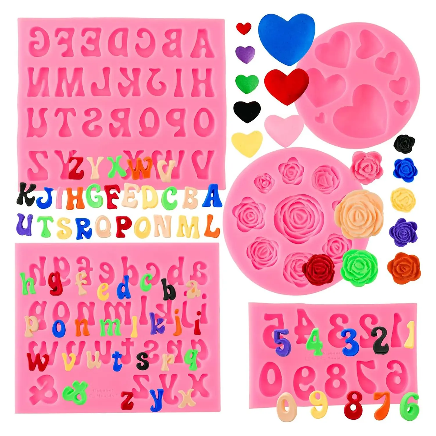 5PC Silicone Mold Set, Alphabet Numbers Hearts Flowers Baking Molds, Food-Grade Deep Cavity Molds For Chocolate, Fondant, Polymer Clay, Candy & Cake Decorating, Reusable Chocolate Mold, Baking Supplies, Baking Tools
