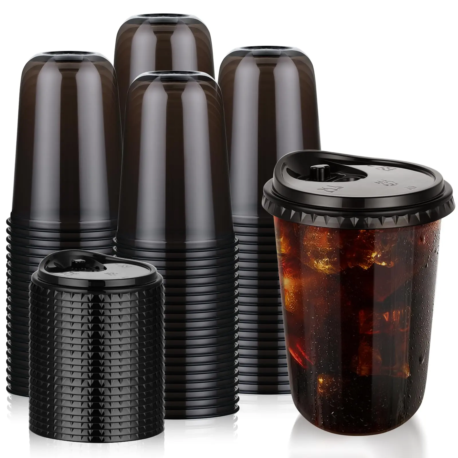 16oz Lightweight Black Disposable Plastic Cups with Sip Lids - 20/50 Pcs Stemless Round-Bottom 0-500ml To-Go Coffee & Tea Sets for Halloween Party, Wedding Catering