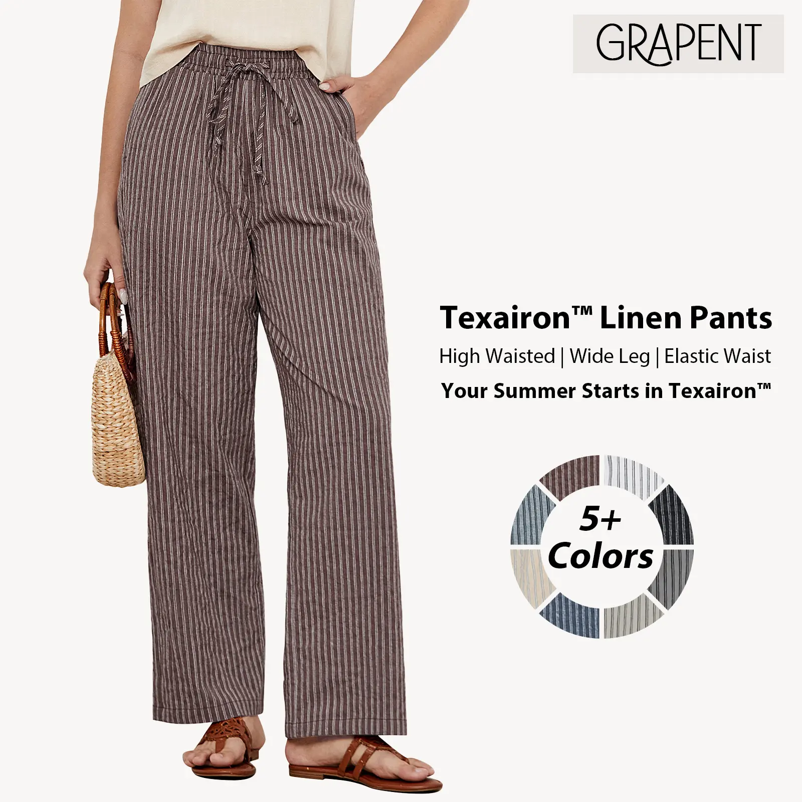 GRAPENT Texairon Linen Striped High Waisted Wide Leg Pants for Women - Elastic Waist, Casual Textured Trousers, Flowy Beach Bottom, Trending Clothes, Women's Clothes, Linen Wide Leg Pants,back to school shopping, Linen Pants Women, Effortless Pants