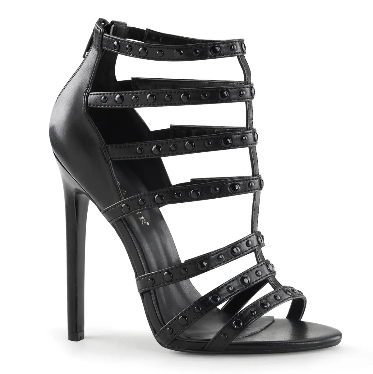 Women's Elegant Sandals - 5 Inch Stiletto Heels, Black Vegan Leather, Back Zipper, Back Straps Trendy Heeled Footwear
