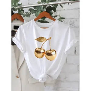 2026 Spring/Summer New Women'S Crew Neck Golden Cherry Print Casual T-Shirt | Fashionable Cool Short Sleeve for Summer