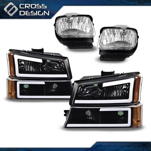 CROSSDESIGN LED DRL Headlight Assemblies & Fog Lights Set - Cross Design Car Lighting Headlamps, Plug-N-Play Automotive Auxiliary Driving Lights for 2003-2006 Chevy Silverado Avalanche Chevy Trucks, 03-06 Models