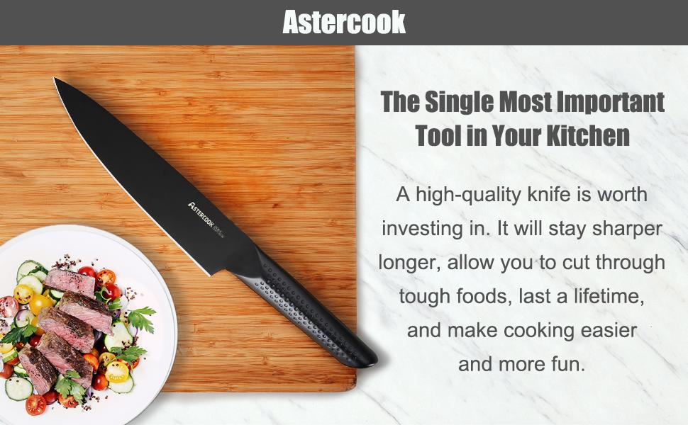 Astercook Chef Knife Durable High Carbon Stainless Steel with Anti-Rust Teflon Coating, Lifetime Warranty block Kitchen Utensils Cutting