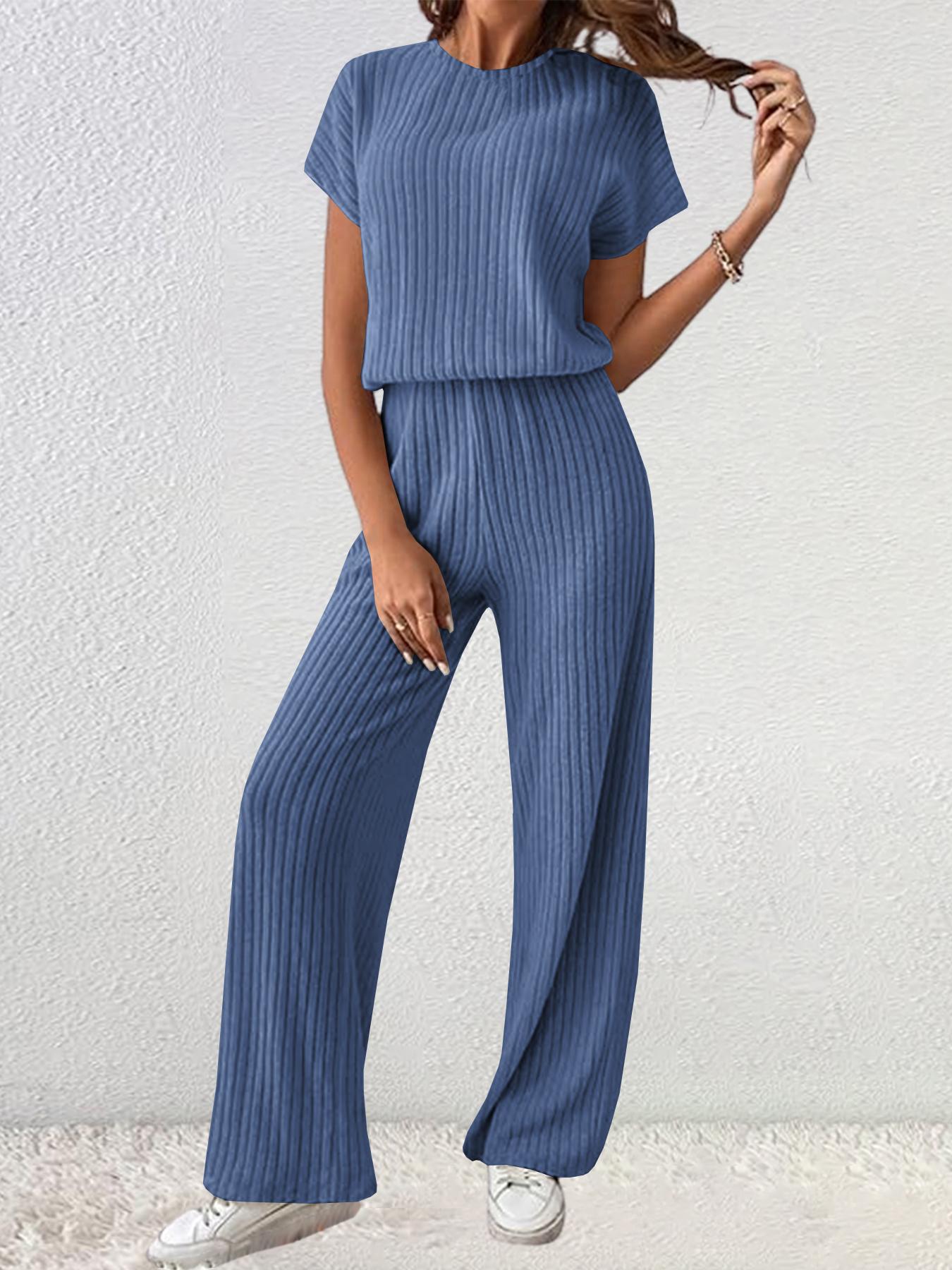 Women's Solid Shortsleeve Crewneck Ribbed Top & Wide Leg Pants Minimalist Casual Fitted Fashion Cozy Top & Trousers for Daily Outdoor Wear Ladies Clothes for Summer Womenswear Yoga Clothes Set Black Batwing Suits Suits Gamis