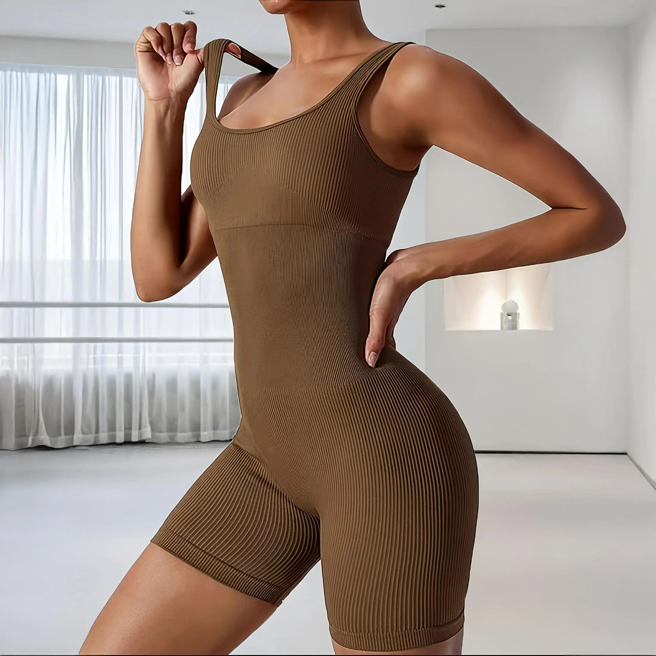 Women's Tummy Control Ribbed Bodysuit Seamless One Piece Yoga Shorts Jumpsuit for a Sculpted Silhouette Workout Romper
