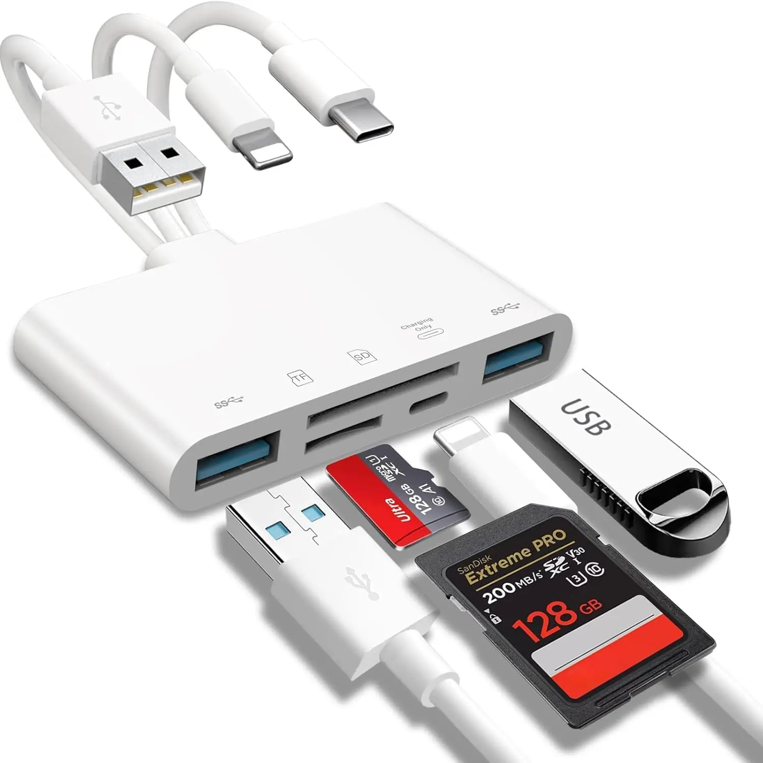5-in-1 SD card reader for iPhone and iPad with USB-A and charging port; Lightning + USB-A + USB-C to SD memory card reader for iPhone/iPad/Android/MacBook/PC/tablet/camera/hard drive/flash drive