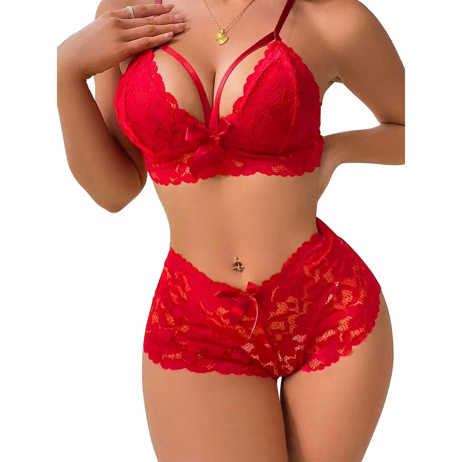 Women's Floral Lace Underwear Sets, Sexy 2-Piece Strappy Bralette with High Waist Panty Lingerie, Two Piece Set