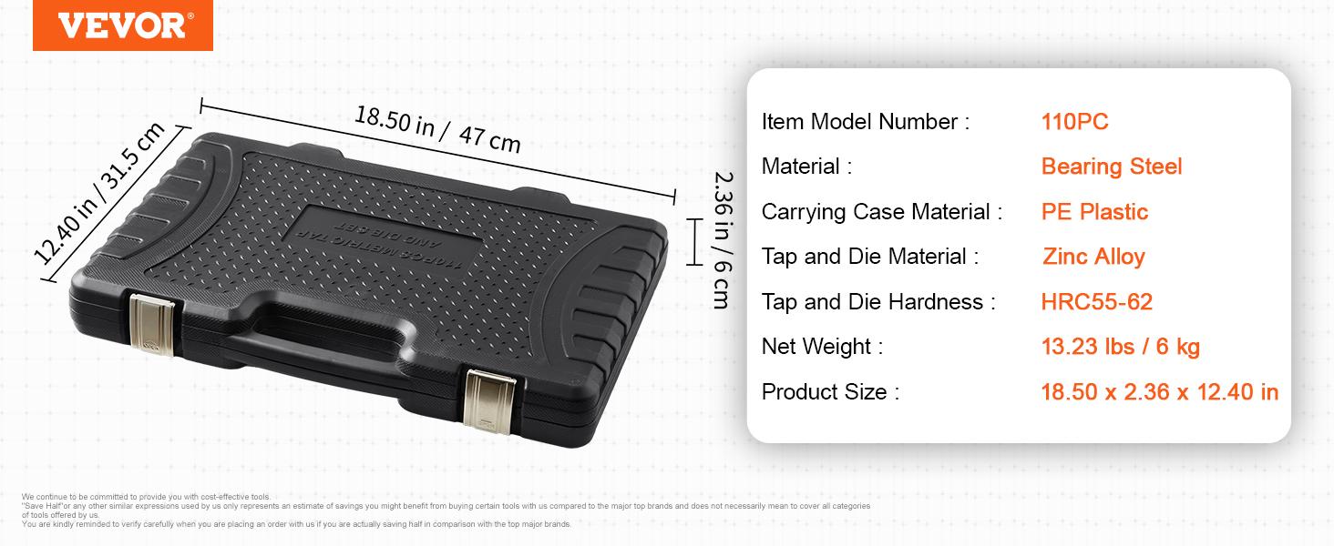 VEVOR Tap and Die Set, Various specifications, Include Metric Size M2 to M18, Bearing Steel Taps and Dies, Essential Threading Tool for Cutting External Internal Threads, with Complete Accessories and Storage Case