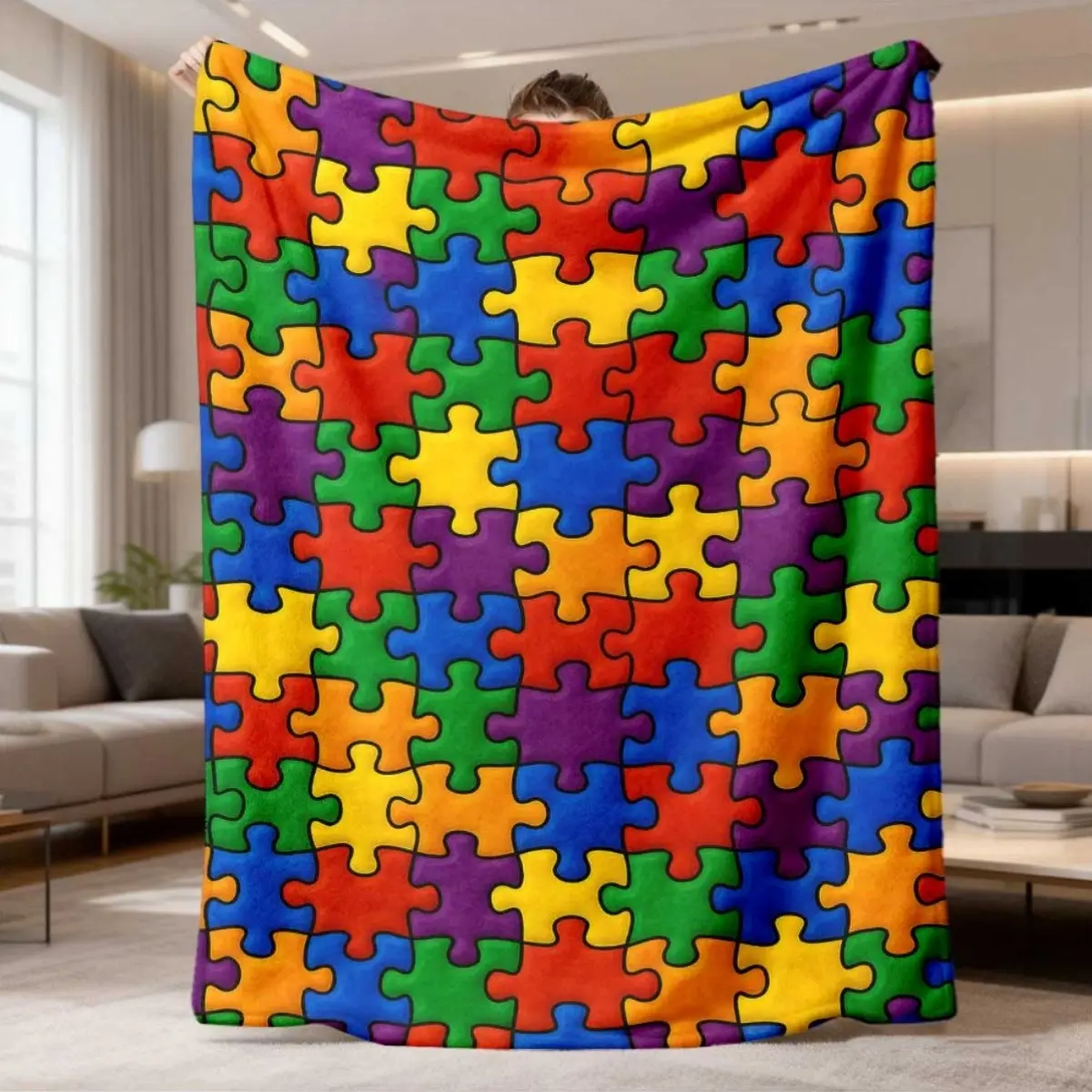 Rainbow Puzzle Pieces Print Flannel Throw Blanket - Cozy Bedding Throw, Soft Warm Smooth Texture, All Seasons, Multi-Size, Machine Washable, Casual Use, Ideal Birthday Gift for Puzzle Lovers & Children, Home Room Decor