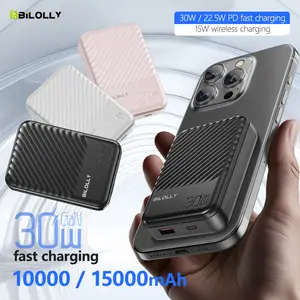 Wireless magnetic power bank, 15000mAh magnetic wireless charging, portable phone charger, 30W PD fast charging, 15W wireless charging, phone charging station, mini wallet accessory, compatible with iPhone and Android.