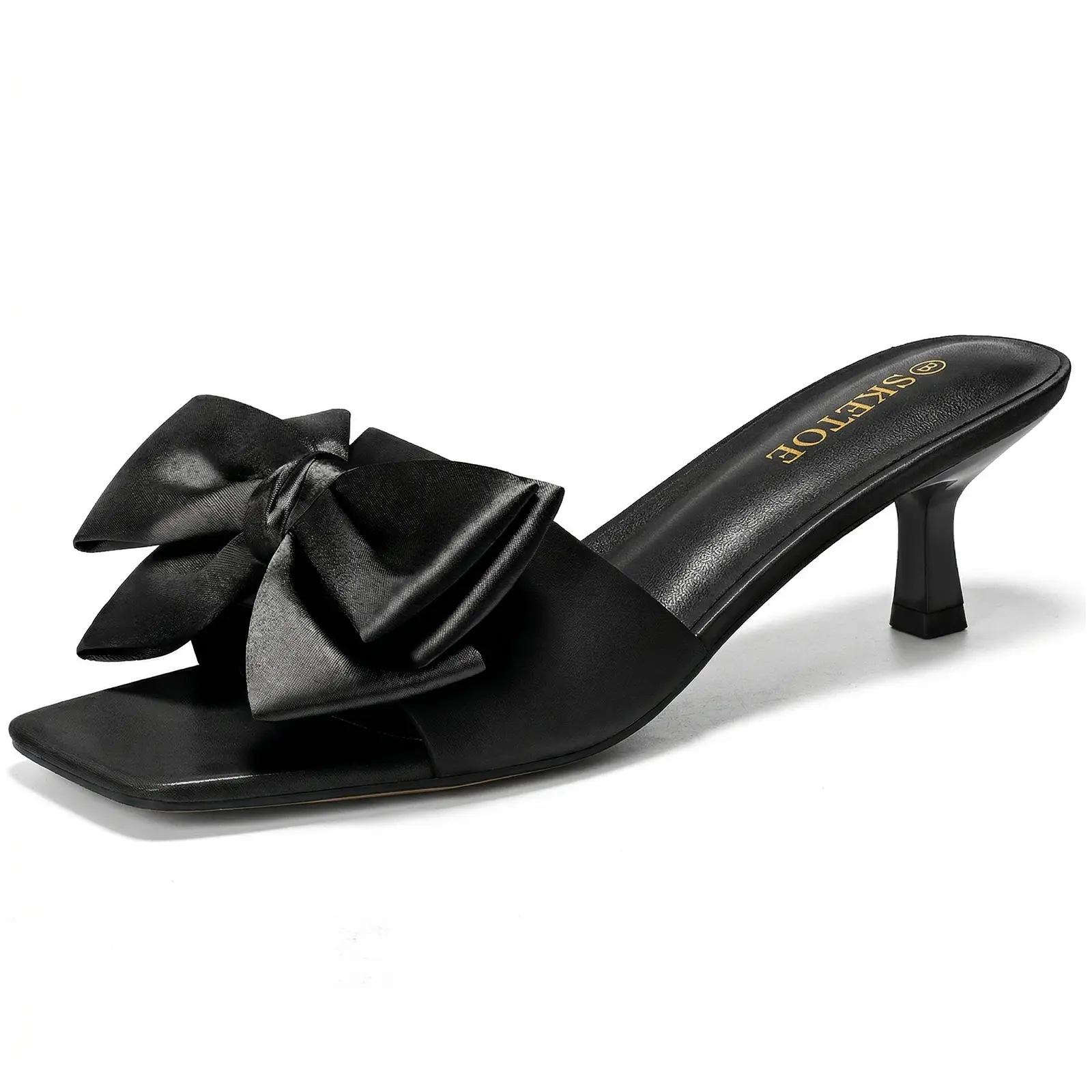 Women’s Kitten Heel Sandals with Bow – Square Open Toe Mule Heels, Slip-On Summer Slides. Comfortable & Elegant Heels for Wedding, Bridal, School Opening Ceremony, or Party. Cute Casual Summer Dress Sandals for Cocktail Parties & Daily Wear  Footwear