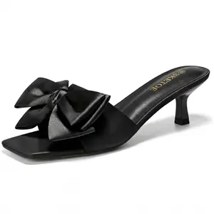Women’s Kitten Heel Sandals with Bow – Square Open Toe Mule Heels, Slip-On Summer Slides. Comfortable & Elegant Satin Heels for Wedding, Bridal, Prom, or Party. Cute Casual Summer Dress Sandals for Cocktail Parties & Daily Wear SummerVibes.