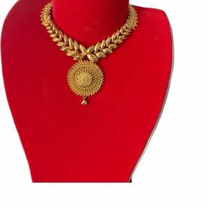 Gold Tone Short Necklace for Women with Intricate Leaf Design and Round Pendant