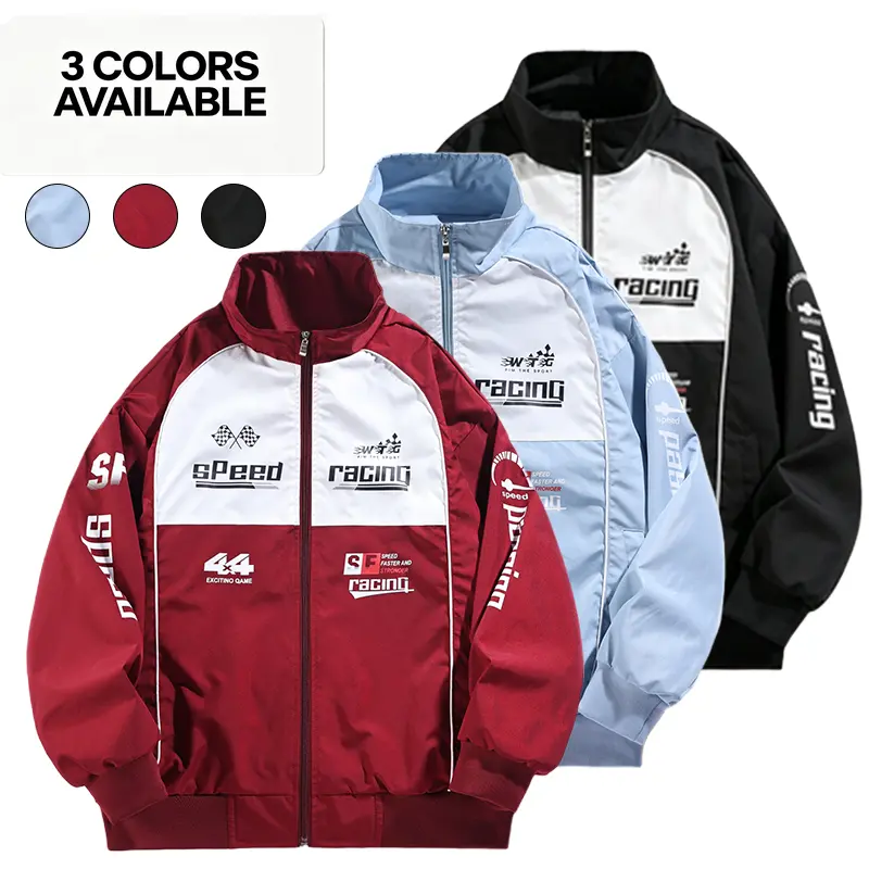 Men’s racing jacket, color-block zip-up windbreaker, stand collar jacket with speed graphic print, casual street-style outerwear for spring and autumn