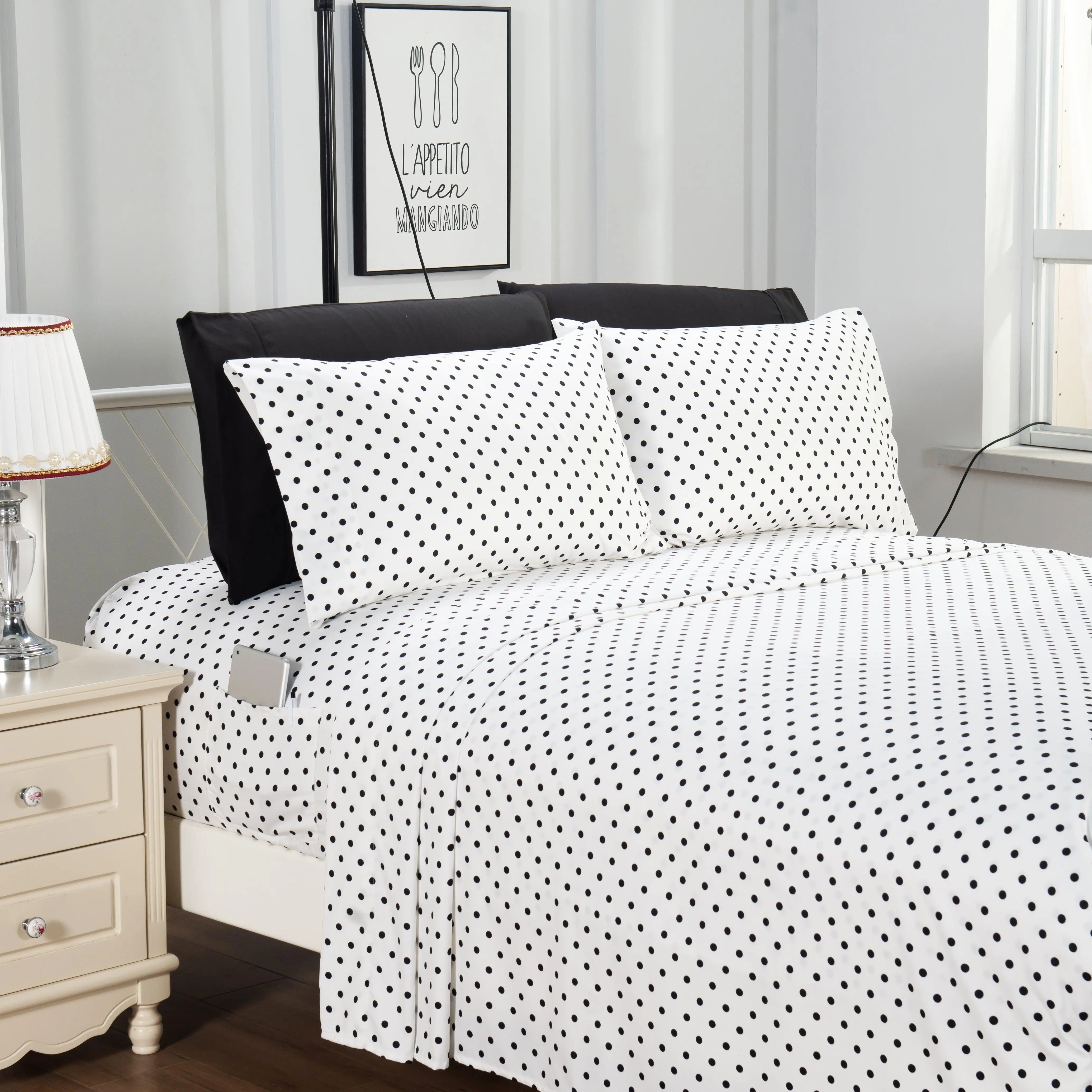 Elegant Comfort 6-Piece Polka Dot Printed Sheet Set - Hotel Quality Softness with with Deep Pocket Premium Microfiber Bedding