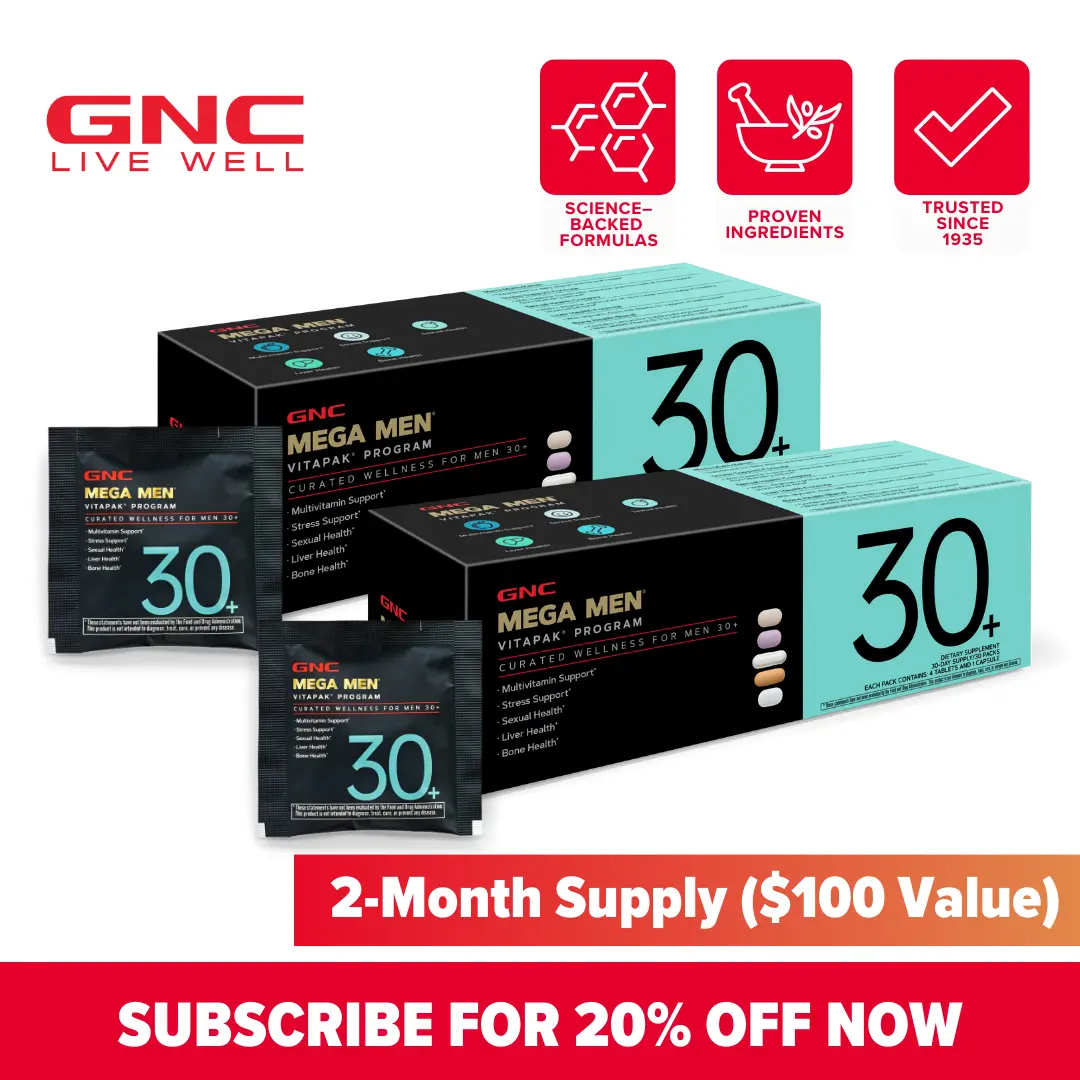 GNC 2-Box Bundle: GNC Mega Men's 30+ Vitapak, 60 day supply, 5-in-1, 30 Count Multivitamin for Stress & Bone Support, Liver Health, Healthcare, Dietary Supplement