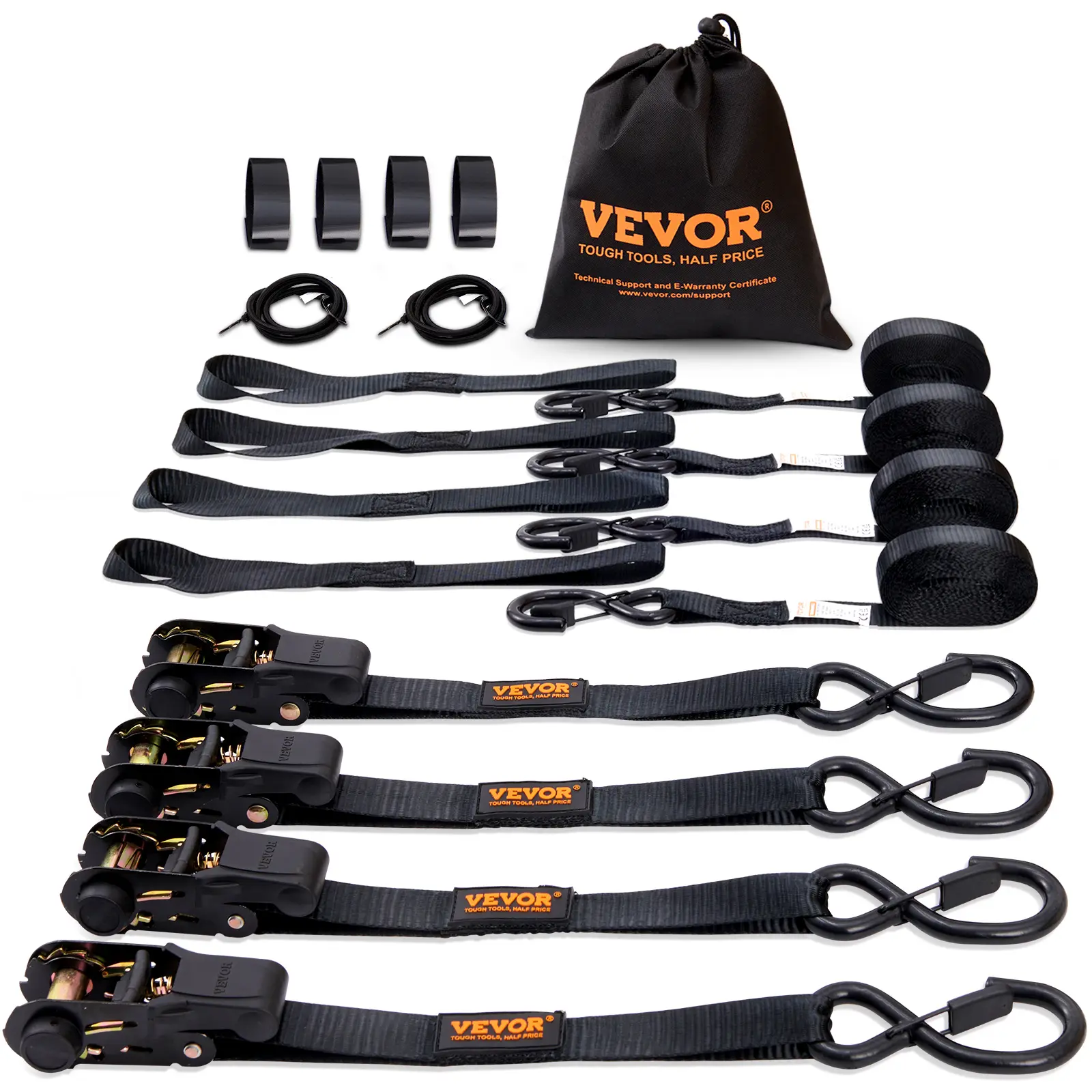 VEVOR 4PK Ratchet Tie Down Straps with Bungee Cord, 2200 lb Max Break Strength, 1"x15" Premium Padded-Handle Durable Nylon Rope, Adjustable Hanging Ropes, Truck/Trailer Vehicle Accessories for Roof Racks, Furniture, Canoes, Motorcycles, Father's Day Gift