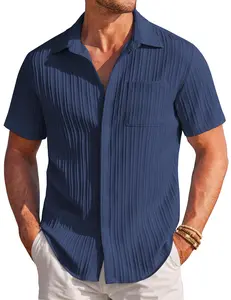 Coofandy Men's Casual Button Down Shirt - Navy Blue Textured Short Sleeve Fitted Collared Neck Summer Beach Top for Men - Canvas