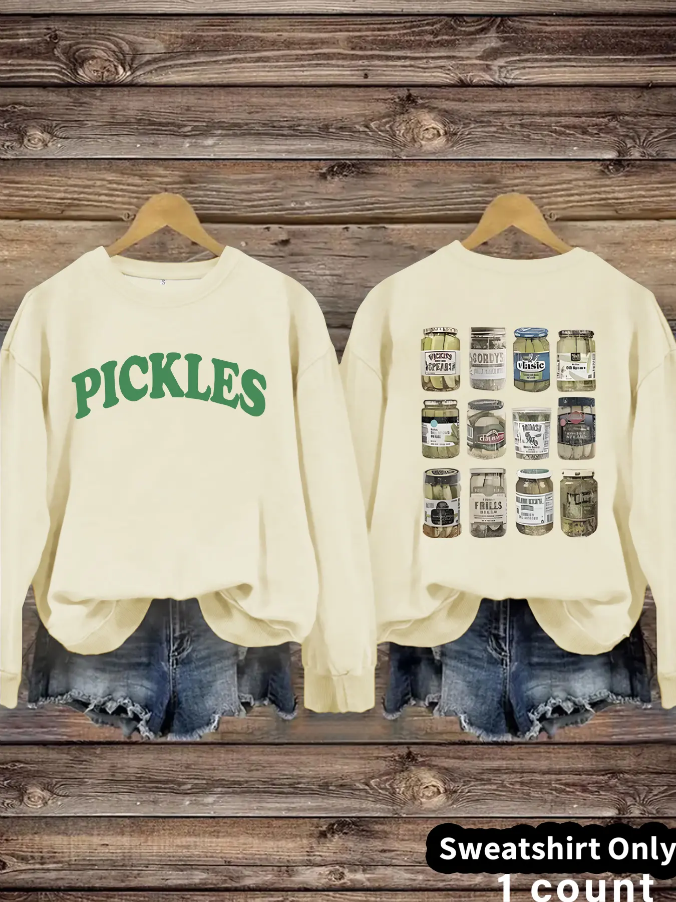 Women's Casual Fitted Pickles Graphic Letter Print Olive Pullover Sweater, Soft Long Sleeve Round Neck Funny Sweatshirt, All Seasons Wear
