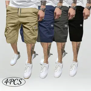 Men's 4-piece short, brown, black and green, diagonal twill pockets, multi-functional casual daily tooling shorts 4-piece, men's fashion shorts Beige Athletic