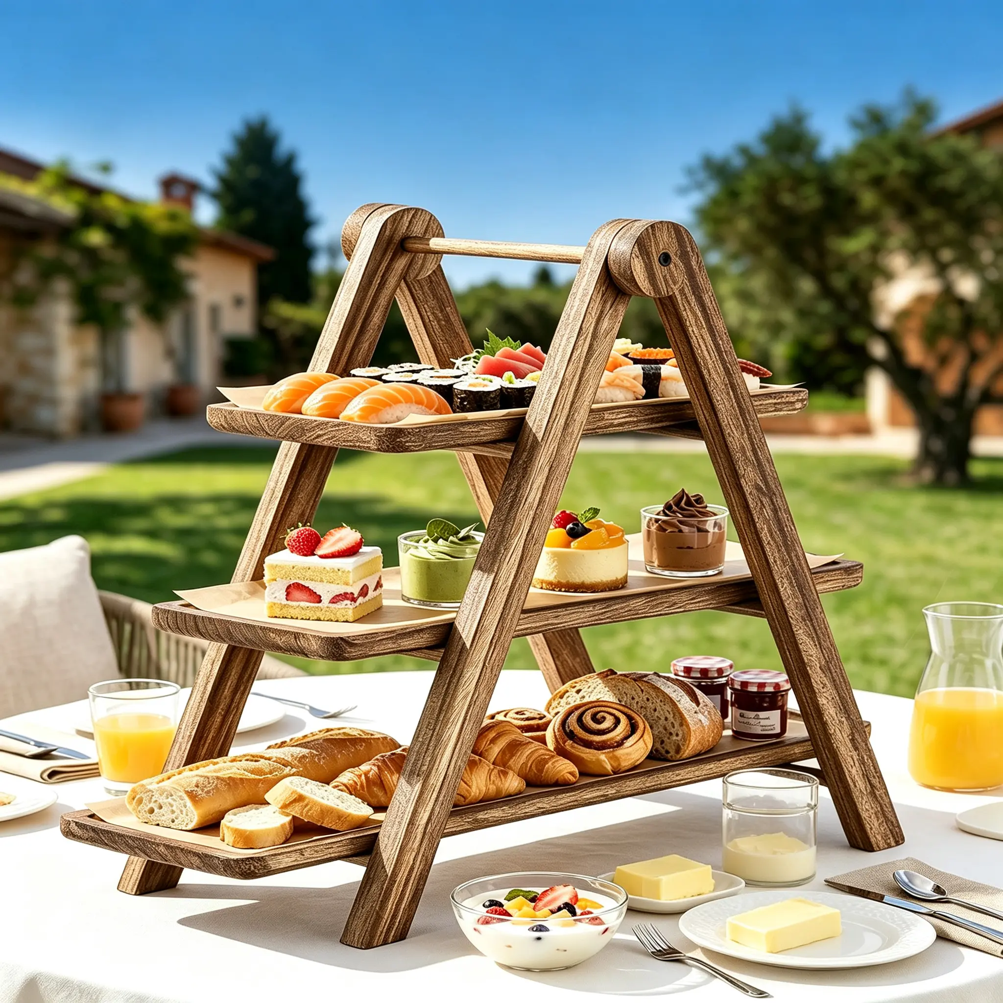 LOVEWE 3-Tier (3-Layer) Wooden Rectangular Serving Tray Organiser - Durable, Sturdy, Lightweight Smooth Platter, Classic Decorative Food & Decor Rack for Farmhouse Kitchen Tabletop, Holds Desserts/Pastries, Clean with Damp Cloth