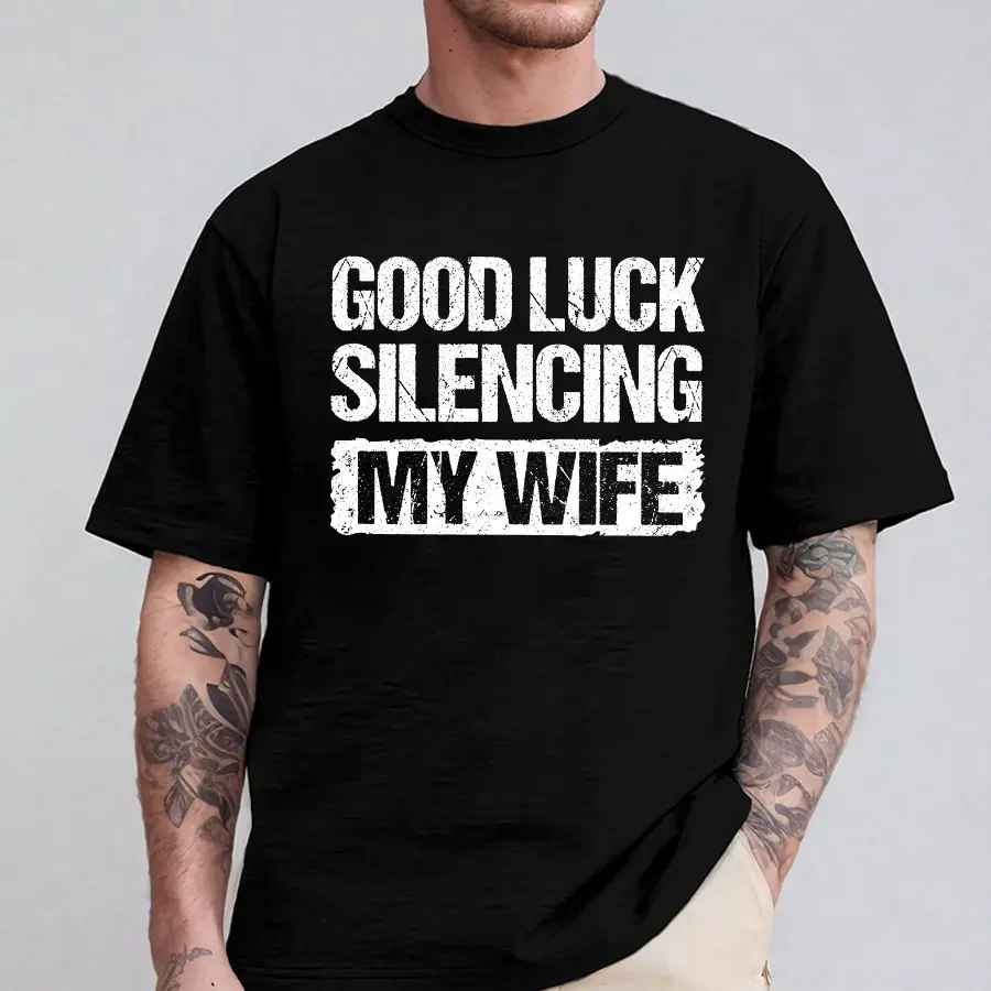 Men's/Women's Classic Short-Sleeve Casual Good Luck Silencing My Wife Sports Top, USA-Made Clothes Garment with Quick Arrival, Menswear, Shortsleeve, Loose, Round Neck, T-Shirt, Polyester, Graphic, Loose Cut