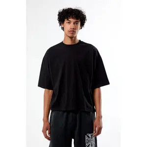 Pacsun Men's Black Solid Dropped Shoulder Cropped T-Shirt
