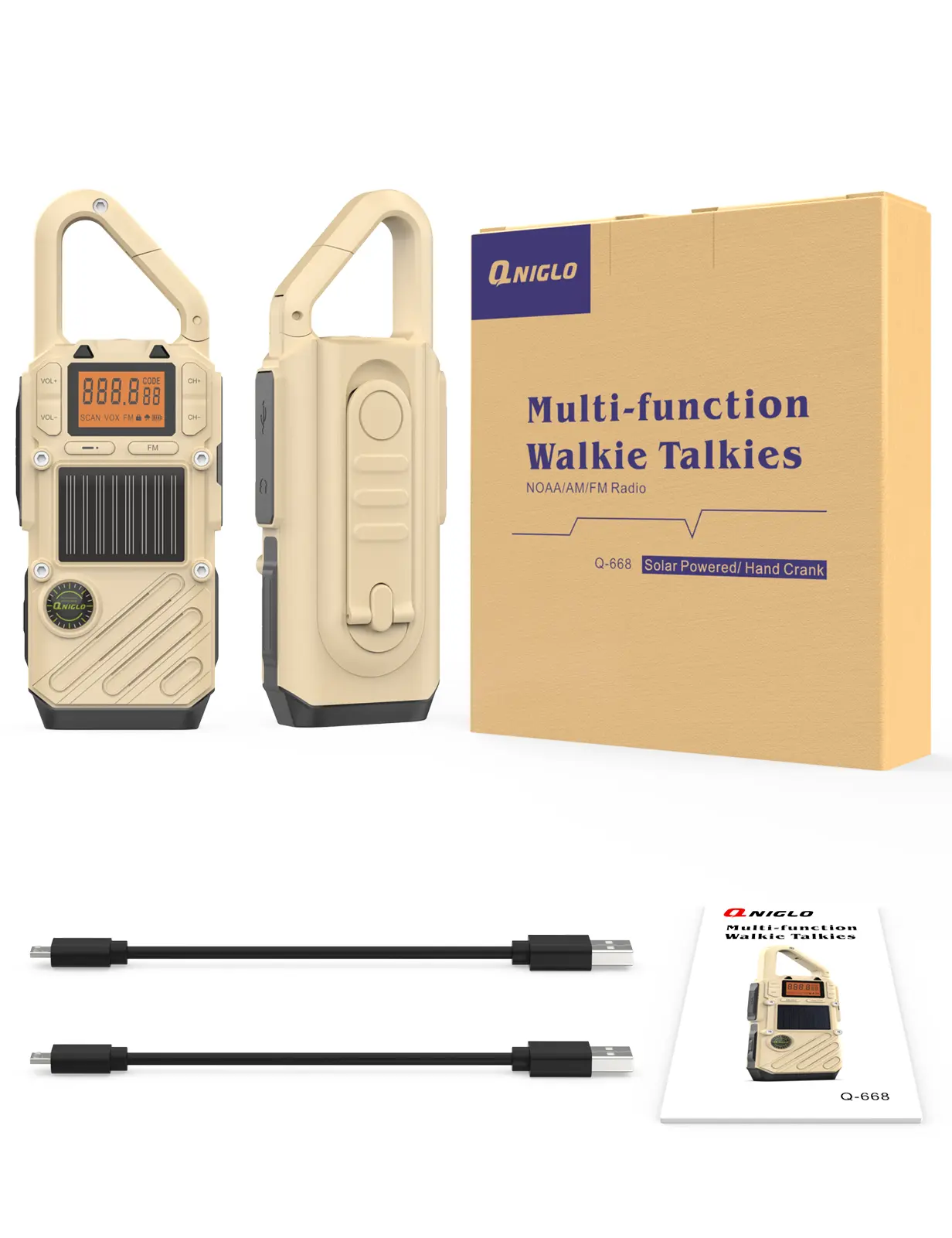 Qniglo Walkie Talkie Emergency Weather Radio All-in-One Kit Solar Hand Crank Phone Charger SOS Flashlight Perfect for Camping Home Hurricanes Compact Safety Gear