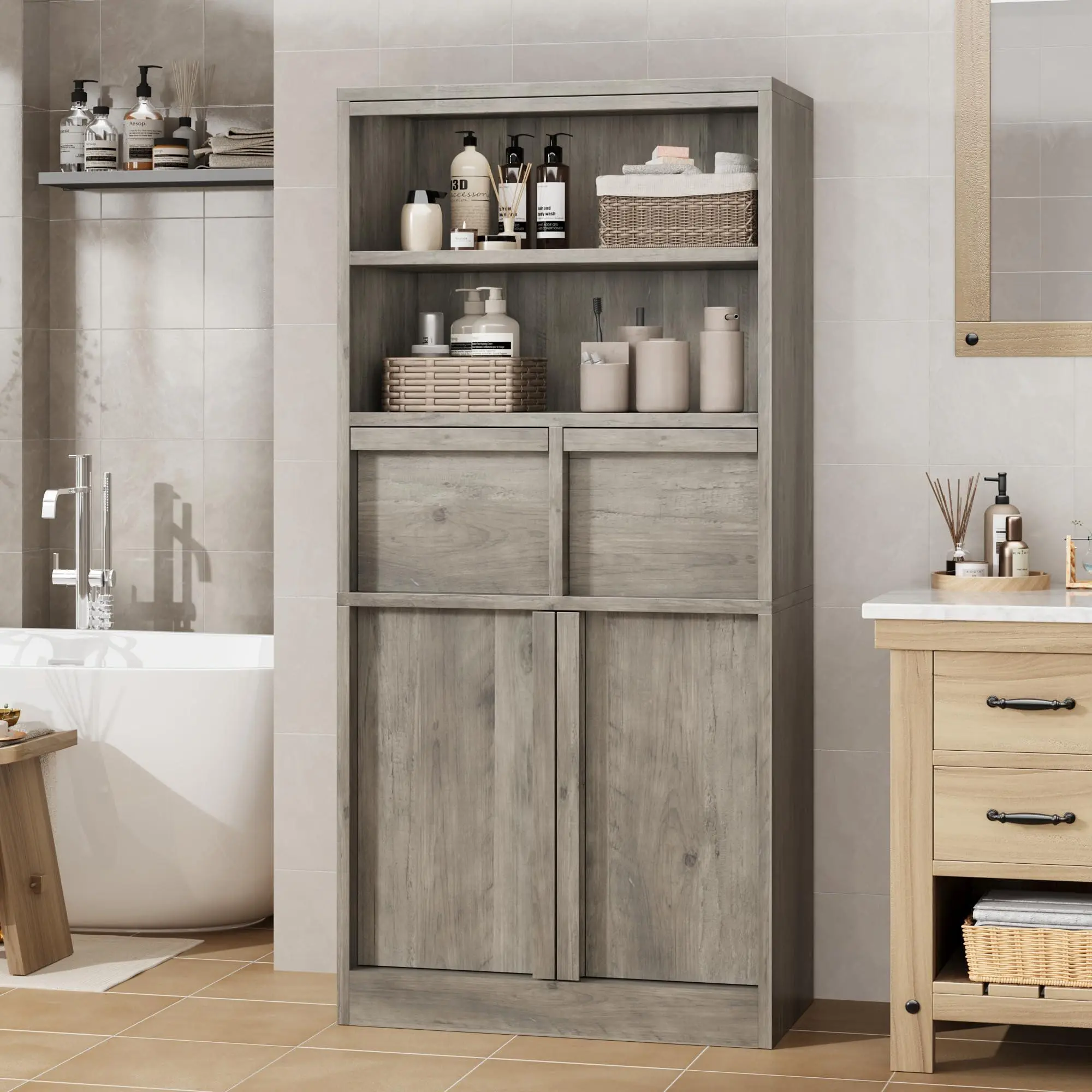 GARVEE Grey Tall Bathroom Cabinet, Floor Storage Cabinet with Doors & 2 Drawers, 51" H Tall Organizer Cabinet Freestanding for Bathroom, Living Room, Kitchen & Pantry