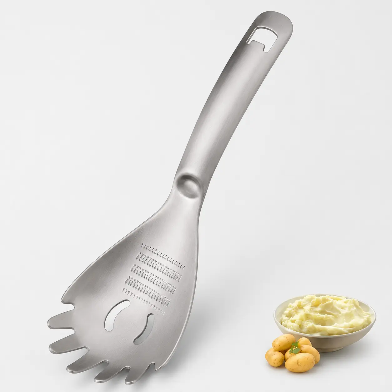 Heavy-Duty 304 Stainless Steel Pasta Spaghetti Scoop - Functional Home Kitchen Utensil with Garlic & Ginger Grater, Potato Masher, Strainer, Bottle Opener, Dishwasher Safe (Stainless Steel Grinding Noodle Scoop *1)