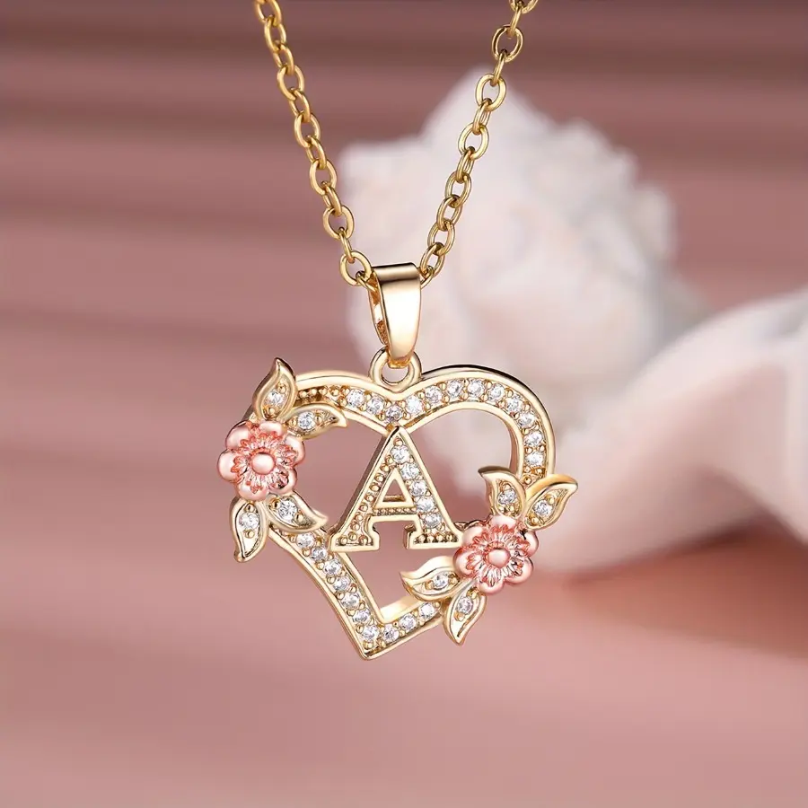 Women's Initial Pendant Necklace, Stylish Hollow Love Flower Design with Cubic Zirconia, 26-Letter Custom Jewelry, Gifts for Girlfriend, Gf Gift, Romantic Gifts For Girlfriend