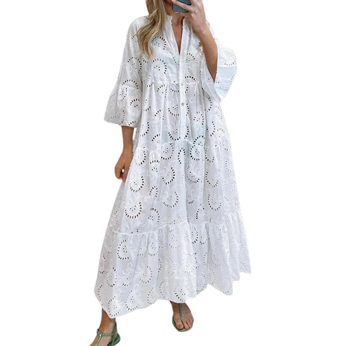 Chouyatou Women's 2026 Lace Eyelet Embroidery 3/4 Trumpet Sleeve V-Neck Boho Sundress, Beach Wedding Guest Dress for Women, Flowy Swing Casual Dress, Wedding Guest Dresses