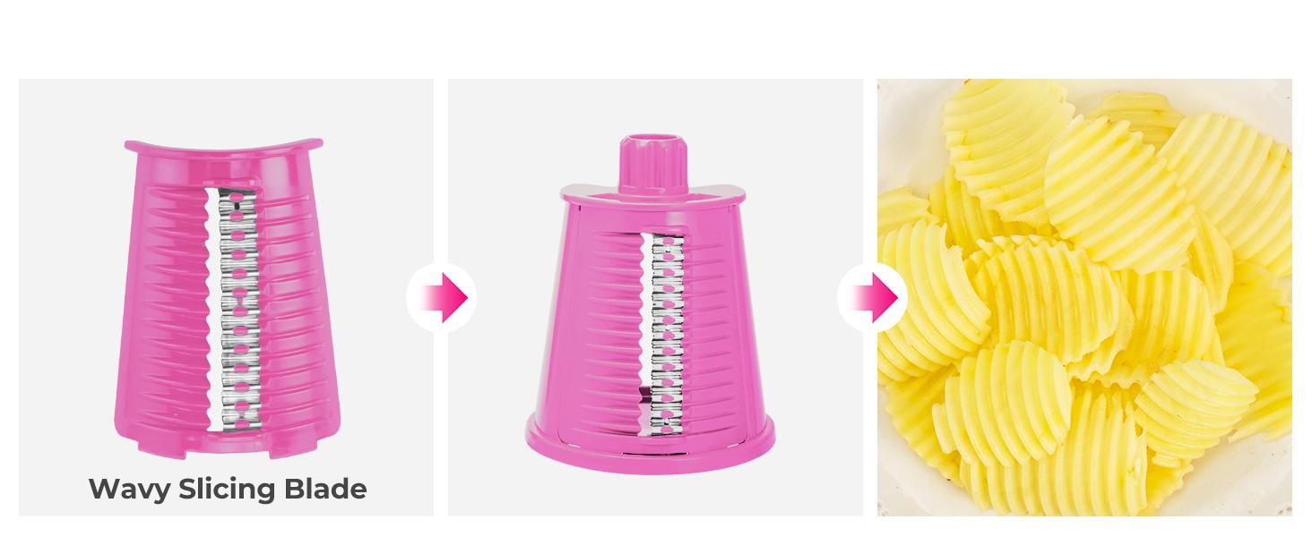 SUSTEAS Rotary Cheese Grater with 5 Replacement Blades Strong Suction Cup Base BPA Free Compact Design for Easy Cleaning Kitchen Utensils Pink - Mandoline Slicer Vegetable Cutter Vegetable Fruit Cutter