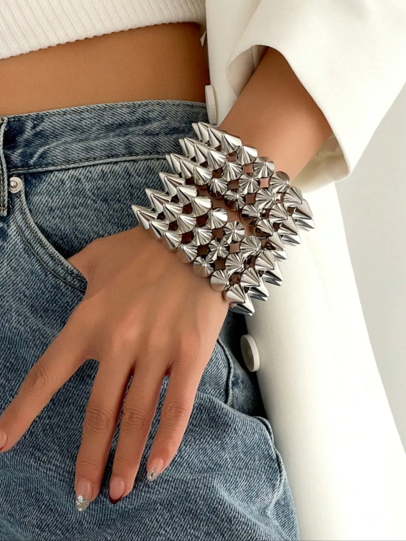 Unisex Silver Color Punk Rivet & Spike Bracelet Set, 2-Piece Cuff for Everyday Wear, Perfect for Music Festivals & Edgy Style, Punk Style Jewelry, Bracelets Jewelry