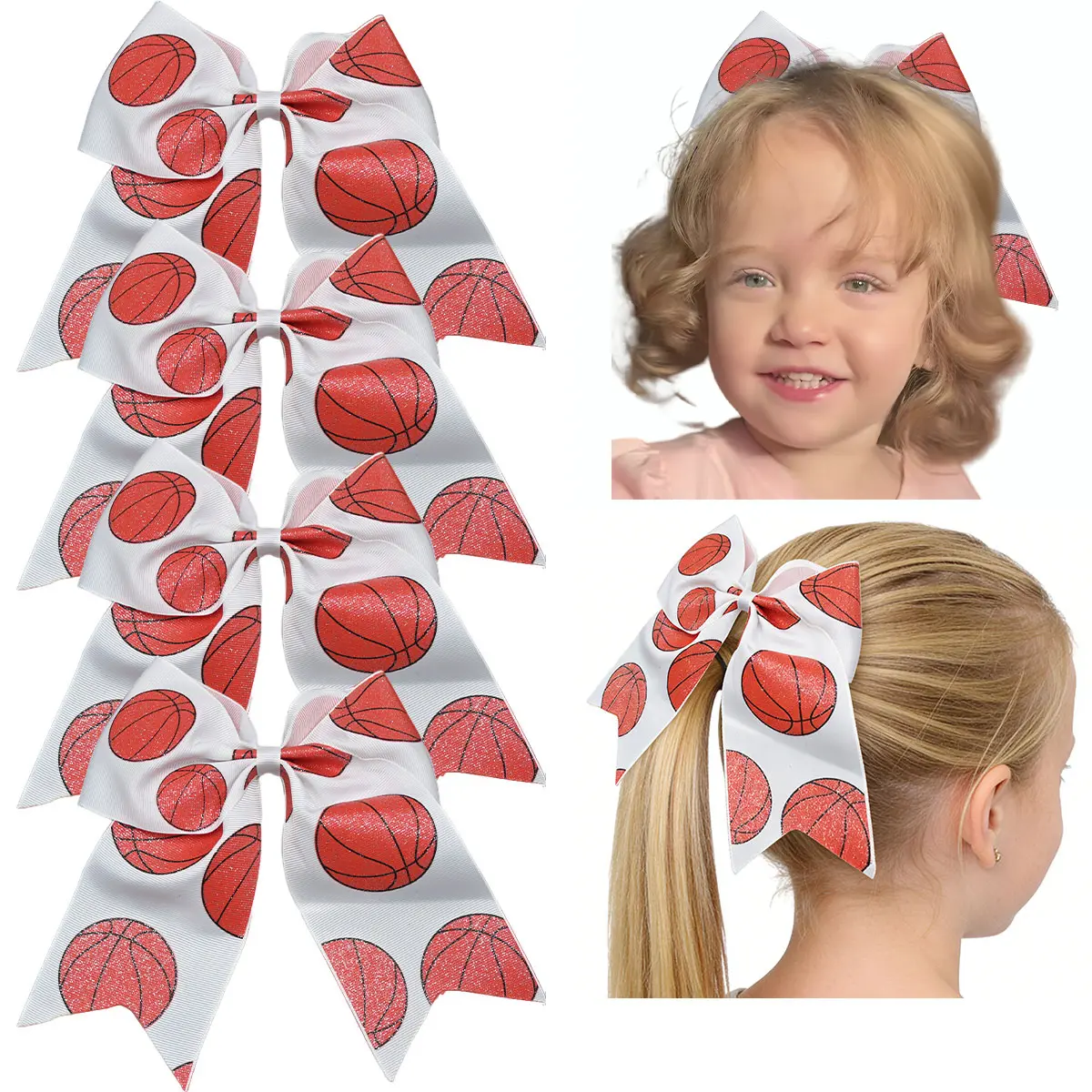 4Pcs Female Baby Basketball Graphic Hair Bows - Silver, Athletic Design, Great Value for Volleyball, Running & Game Day Sports