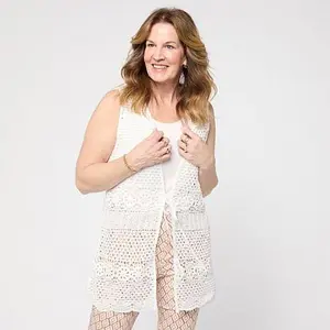 Nina Leonard Crochet Tie-Front Cardigan Vest