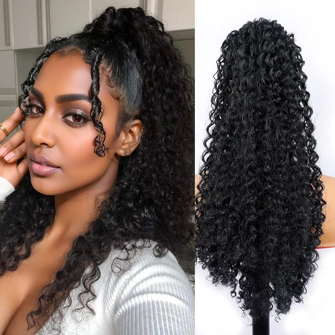 TwiceBeauty Afro Kinky Curly Ponytail Extension 20Inch Drawstring Ponytails Hair Black Extensions Synthetic Fluffy Ponytail for Women Girls Daily Use Loose Wavy Wave Snatched Wig Machine Made Wigs