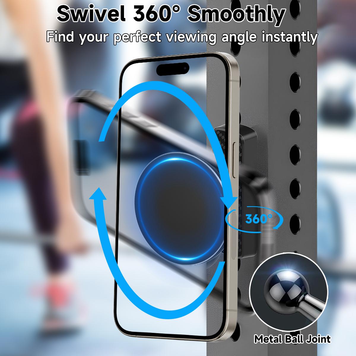 Magnetic Phone Holder for Gym, Alloy Base & Ball Joint, 360 Adjustable Phone Mount, Universal Fitness Equipment Accessories Essentials