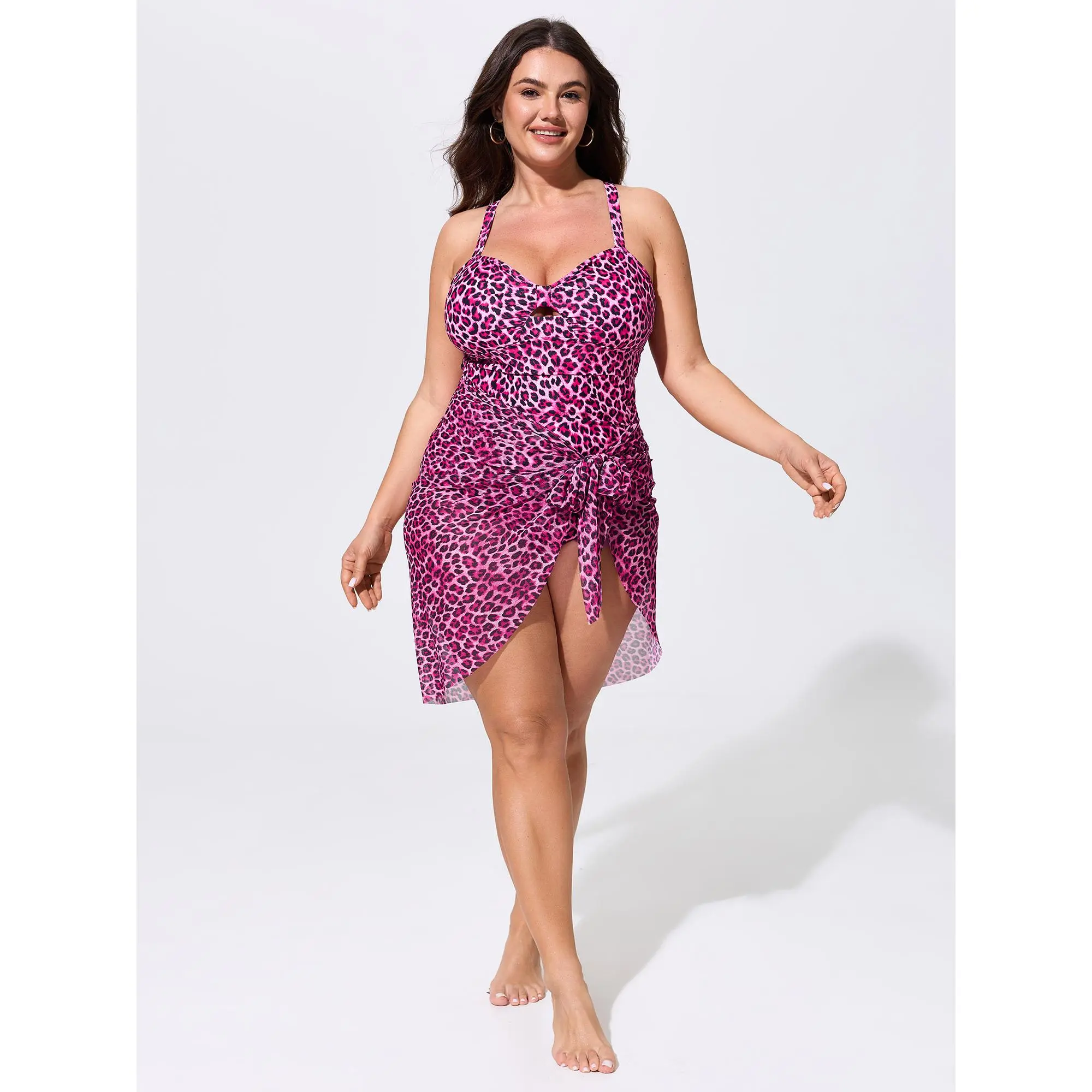 BLOOMCHIC Plus Size Sarong Set Sweet Leopard Print One-Piece Swim [M-6X] ,Summerfinds