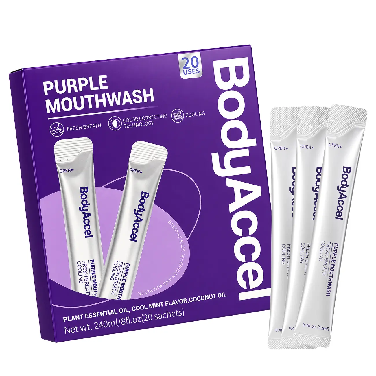 【BodyAccel】Purple Mouthwash For Teeth Whitening, Freshens Breath, Gum Health, Hydrating, Anti-Bad Breath & Plaque, Alcohol-Free, Mint Flavor Travel Portable Pack (20 Sachets) #backtoschool
