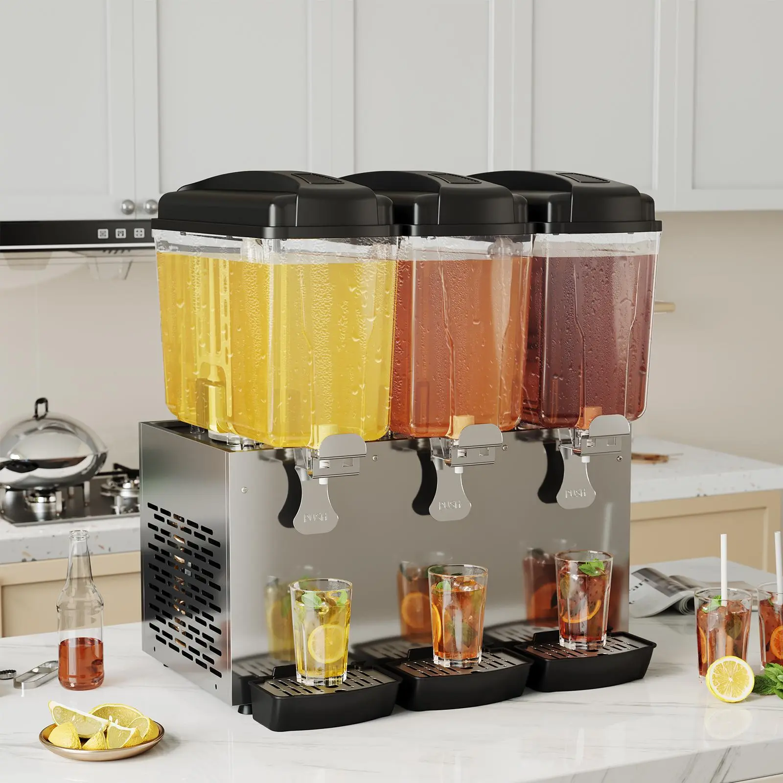 Commercial Stainless Steel Floor-Standing Beverage Dispenser - 3x18L Tanks, Compressor Cooling, Thermostat Control, Cooler Control - For Iced Tea, Cold Drinks - Restaurant/Bar Use