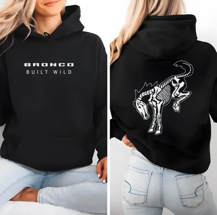 Ford Bronco skeleton Hoodie, Built wild horse graphic sweatshirt, Car enthusiast gift, off-road lover apparel, oversized black pullover, streetwear hoodie, skeleton back print