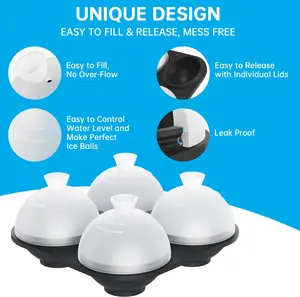 Silicone Whiskey Ice Ball Mold - 2.4 Inch Large Ice Cube Trays Molds Silicone with Lids - Ice Sphere Maker for Cocktails, Bourbon, Rum