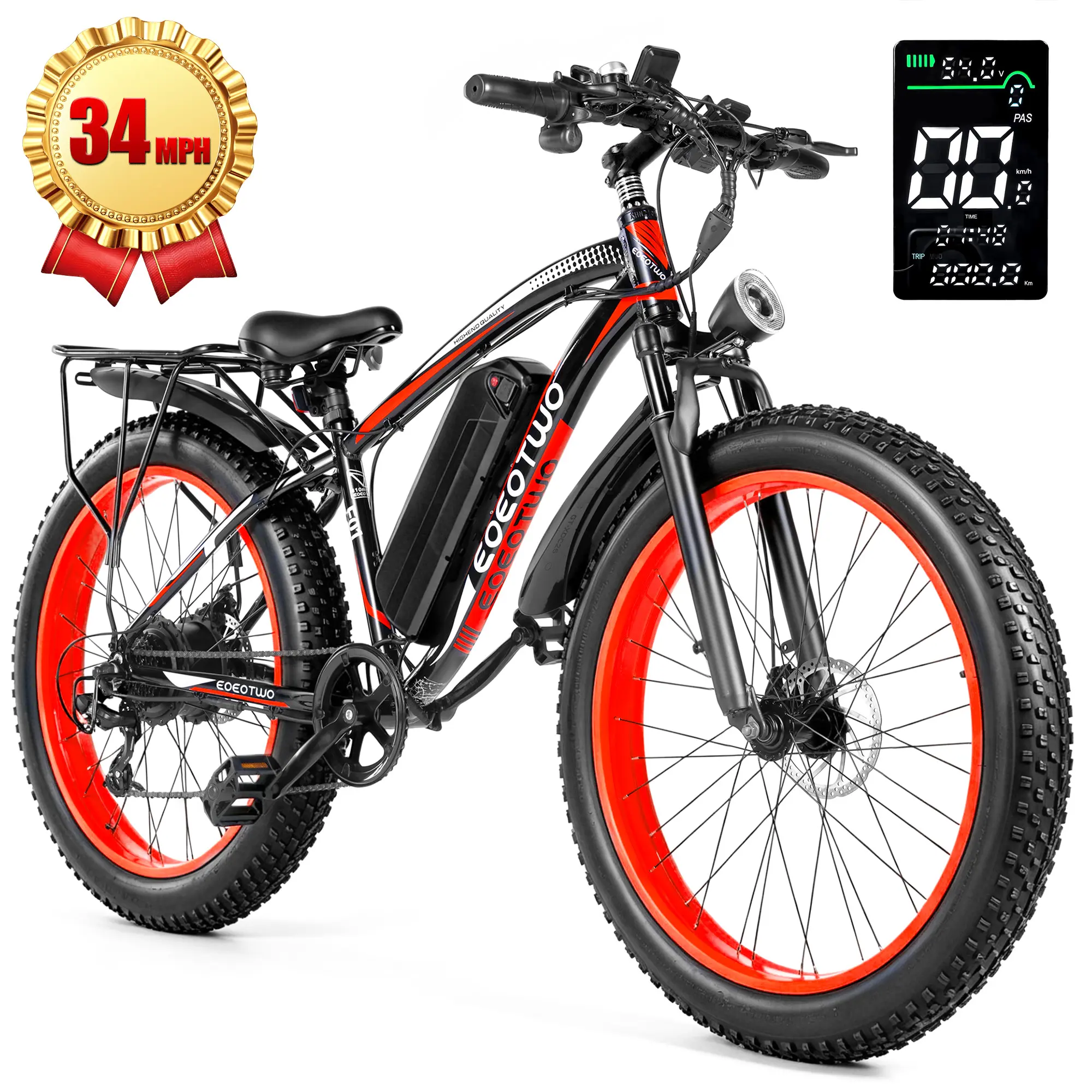 [EOEOTWO E01] 1500W Peak Motor Electric Bicycle with Front Suspension 48V 15AH Battery 26"x 4.0 Inch Tires 30+ MPH Speed 70 Miles Range for Snow Mountain Road Riding,camping essentials